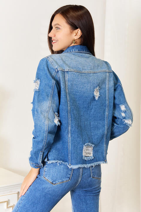 Baeful Leopard Floral Distressed Raw Hem Denim Jacket - Danielle and Jason Baker LLC - Danielle Baker's Boutique