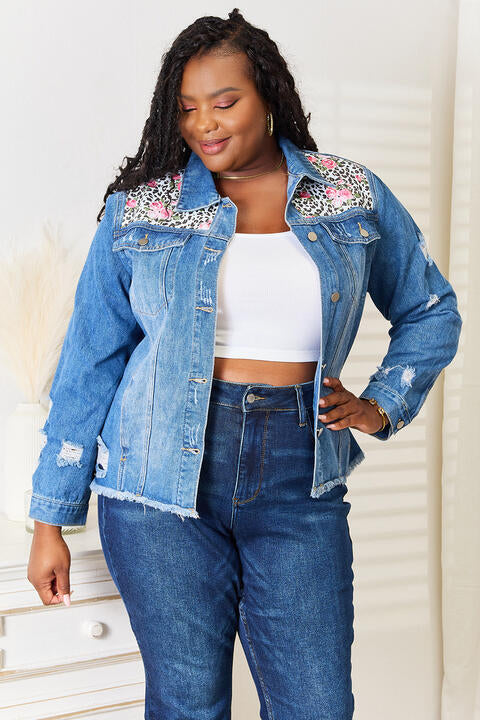 Baeful Leopard Floral Distressed Raw Hem Denim Jacket - Danielle and Jason Baker LLC - Danielle Baker's Boutique