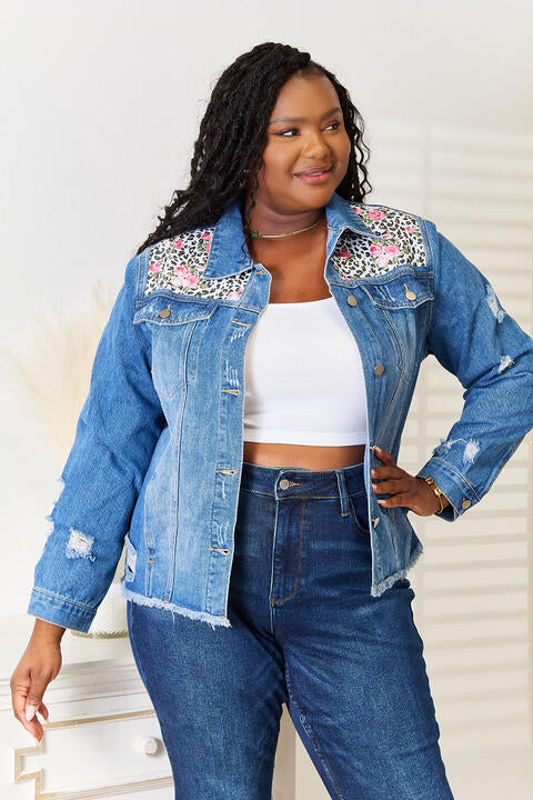 Baeful Leopard Floral Distressed Raw Hem Denim Jacket - Danielle and Jason Baker LLC - Danielle Baker's Boutique