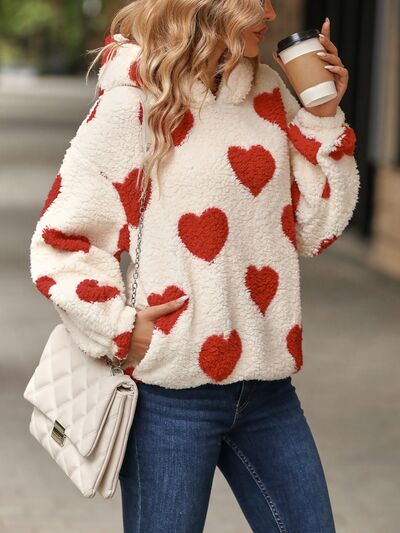 Fuzzy Heart Pocketed Dropped Shoulder Hoodie - Danielle and Jason Baker LLC - Danielle Baker's Boutique