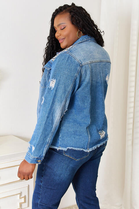 Baeful Leopard Floral Distressed Raw Hem Denim Jacket - Danielle and Jason Baker LLC - Danielle Baker's Boutique