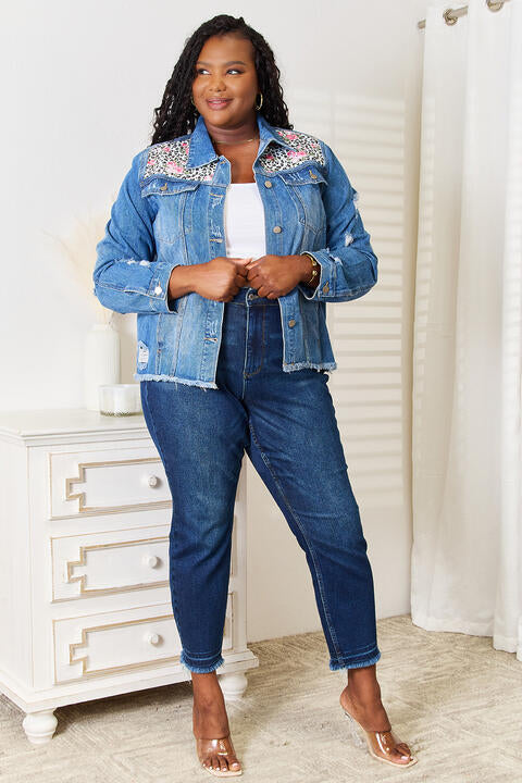 Baeful Leopard Floral Distressed Raw Hem Denim Jacket - Danielle and Jason Baker LLC - Danielle Baker's Boutique