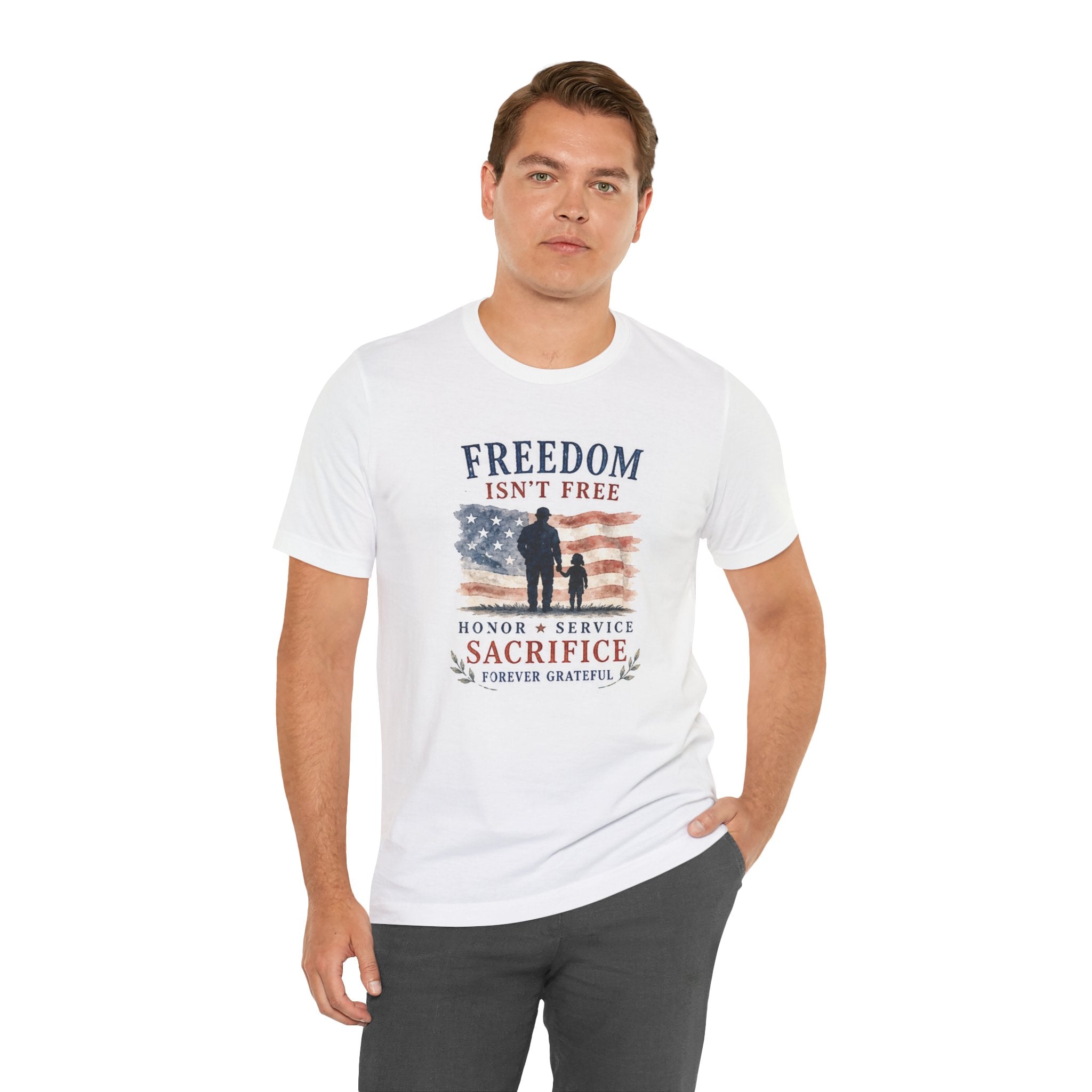 White t-shirt with American flag graphic and text "Freedom Isn't Free".