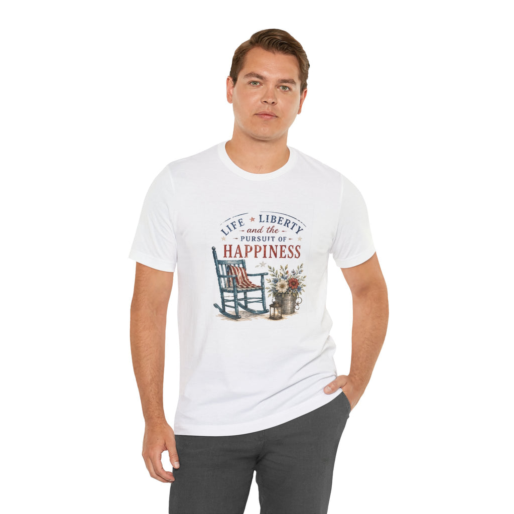 Man in white t-shirt with American flag rocking chair design.
