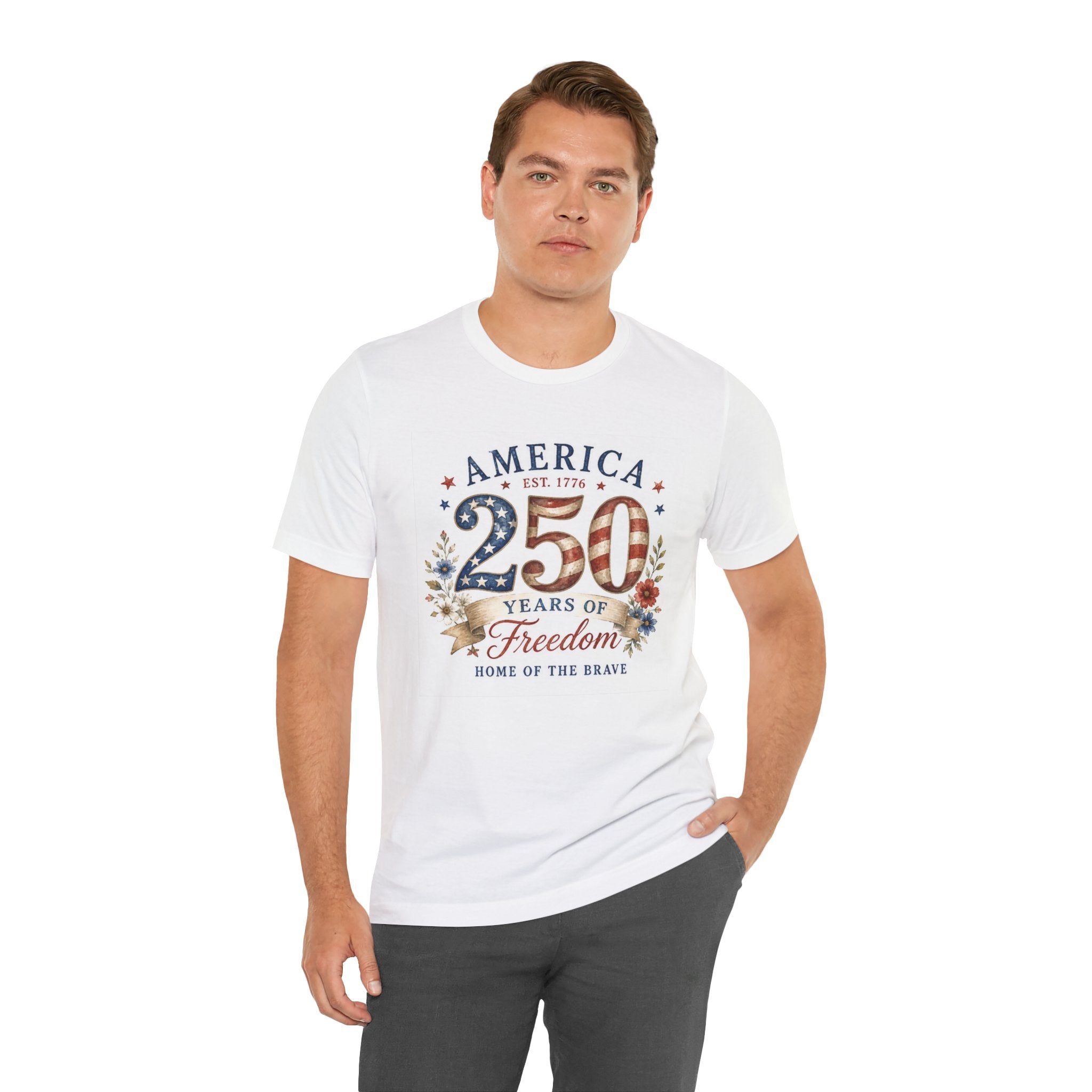 Man wearing a "America Est. 1776 250 Years of Freedom Home of the Brave" t-shirt.