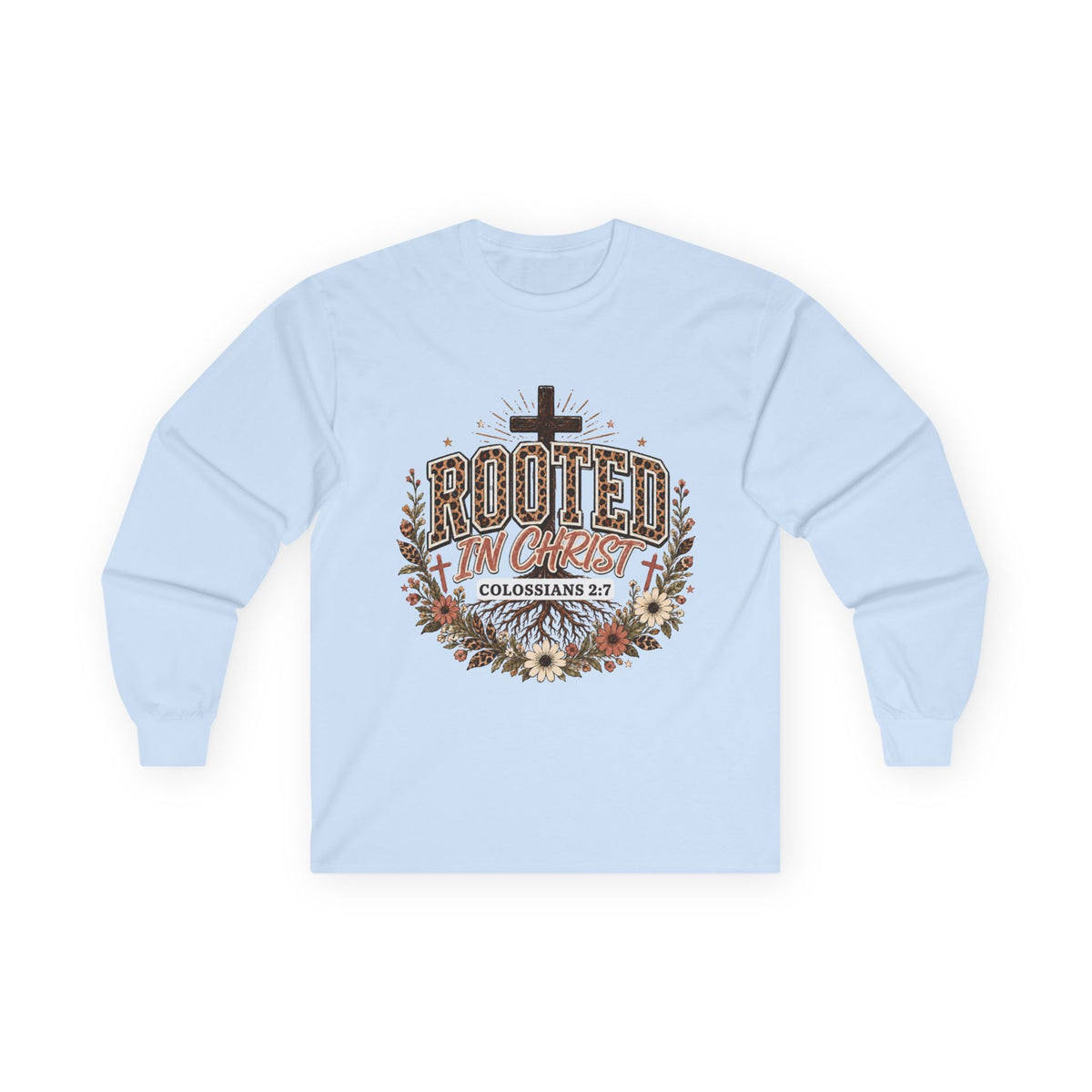 Christian Long Sleeve Shirt, Rooted In Christ Colossians 2:7 Cross Floral Leopard Graphic
