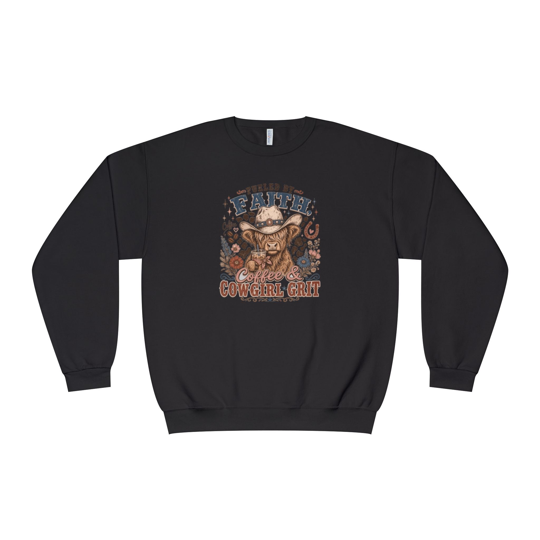 Fueled By Faith Coffee Cowgirl Grit Sweatshirt, Highland Cow Western Christian Farmhouse Crewneck