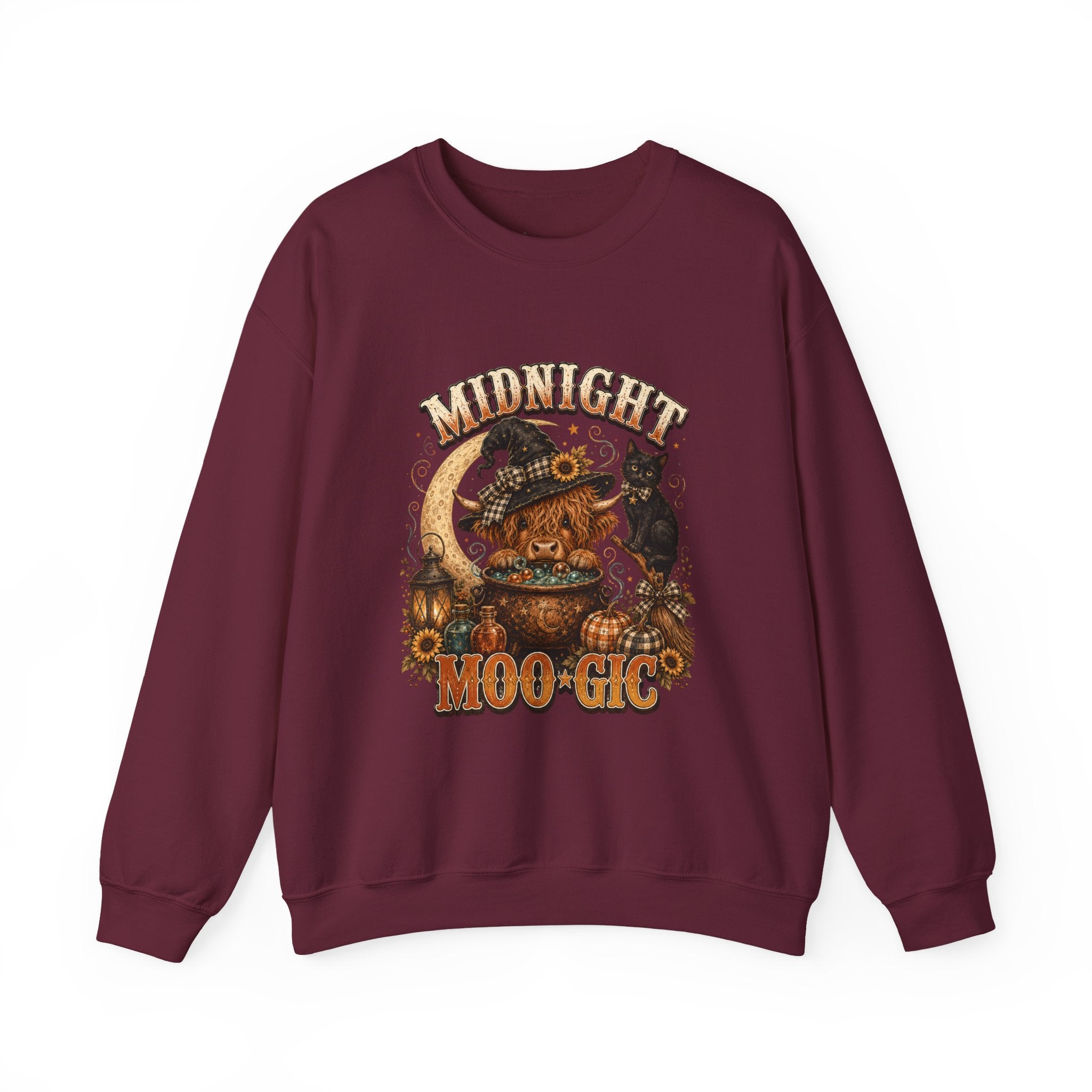 Halloween Highland Cow Sweatshirt, Midnight Moo-gic Witchy Black Cat Pumpkin Graphic
