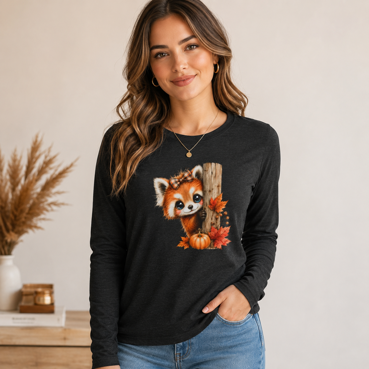 Cute Fall Red Panda Shirt | Autumn Woodland Animal Graphic Tee | Cozy Long Sleeve Shirt