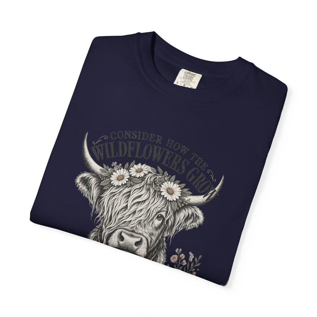 Consider How the Wildflowers Grow Highland Cow Shirt | Christian Farmhouse Graphic Tee