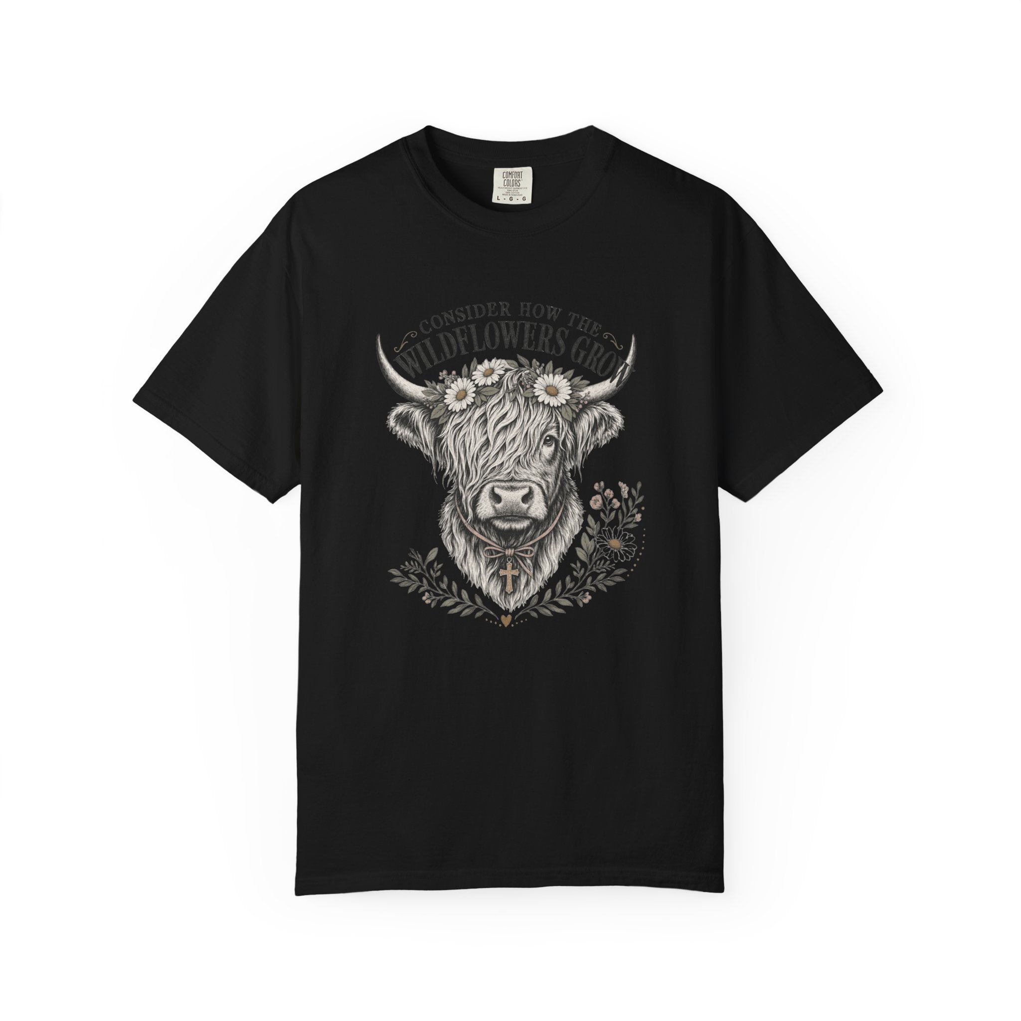 Consider How the Wildflowers Grow Highland Cow Shirt | Christian Farmhouse Graphic Tee
