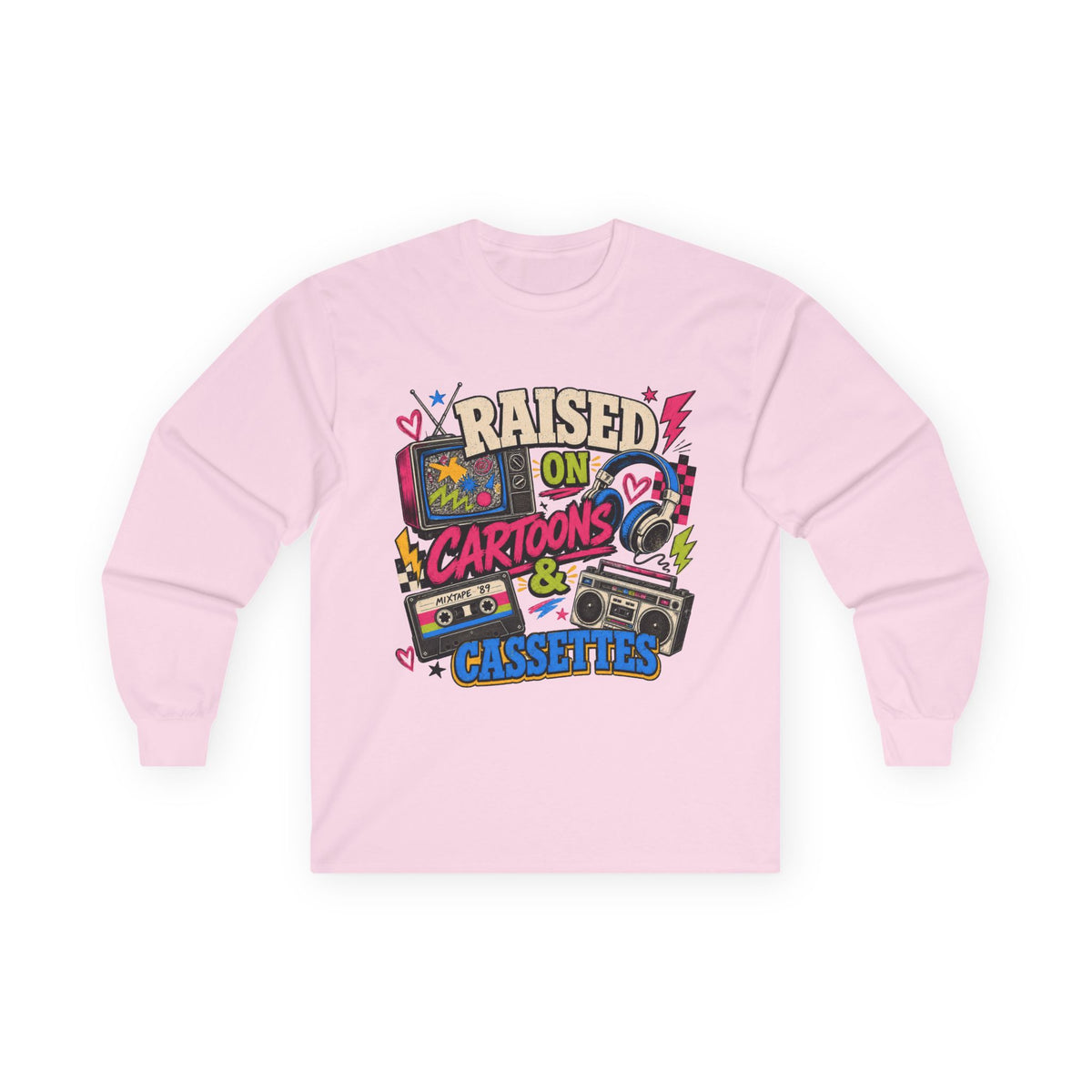 Retro Nostalgia Shirt, Raised On Cartoons Cassettes Tee, 80s Kids Boombox Graphic