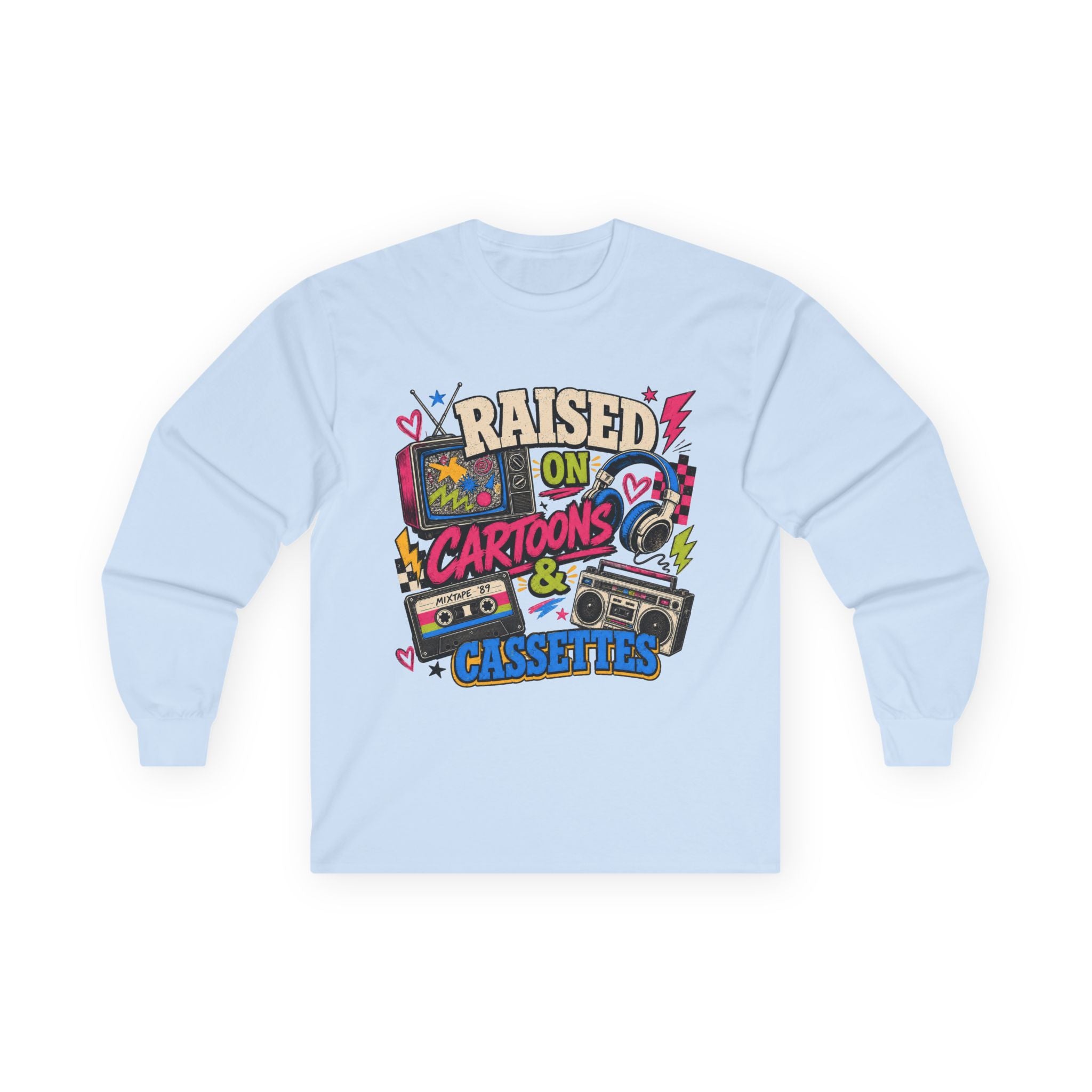 Retro Nostalgia Shirt, Raised On Cartoons Cassettes Tee, 80s Kids Boombox Graphic