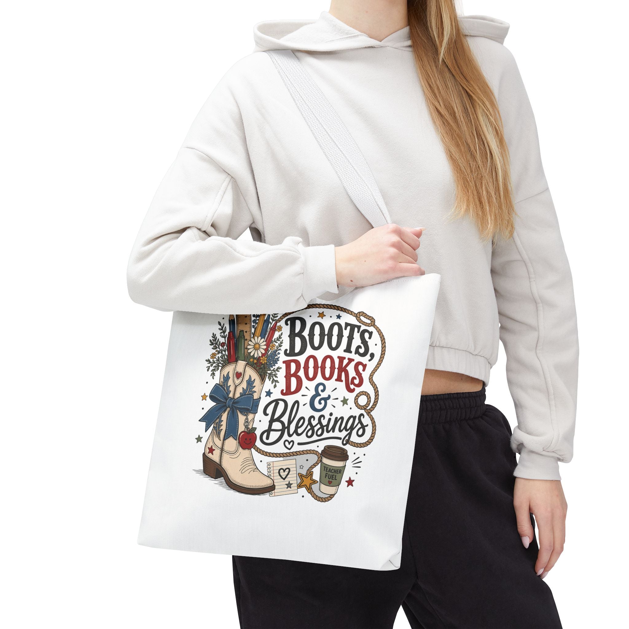 Boots Books and Blessings Western Cowgirl Teacher Canvas Tote Bag | Back to School Teacher Gift