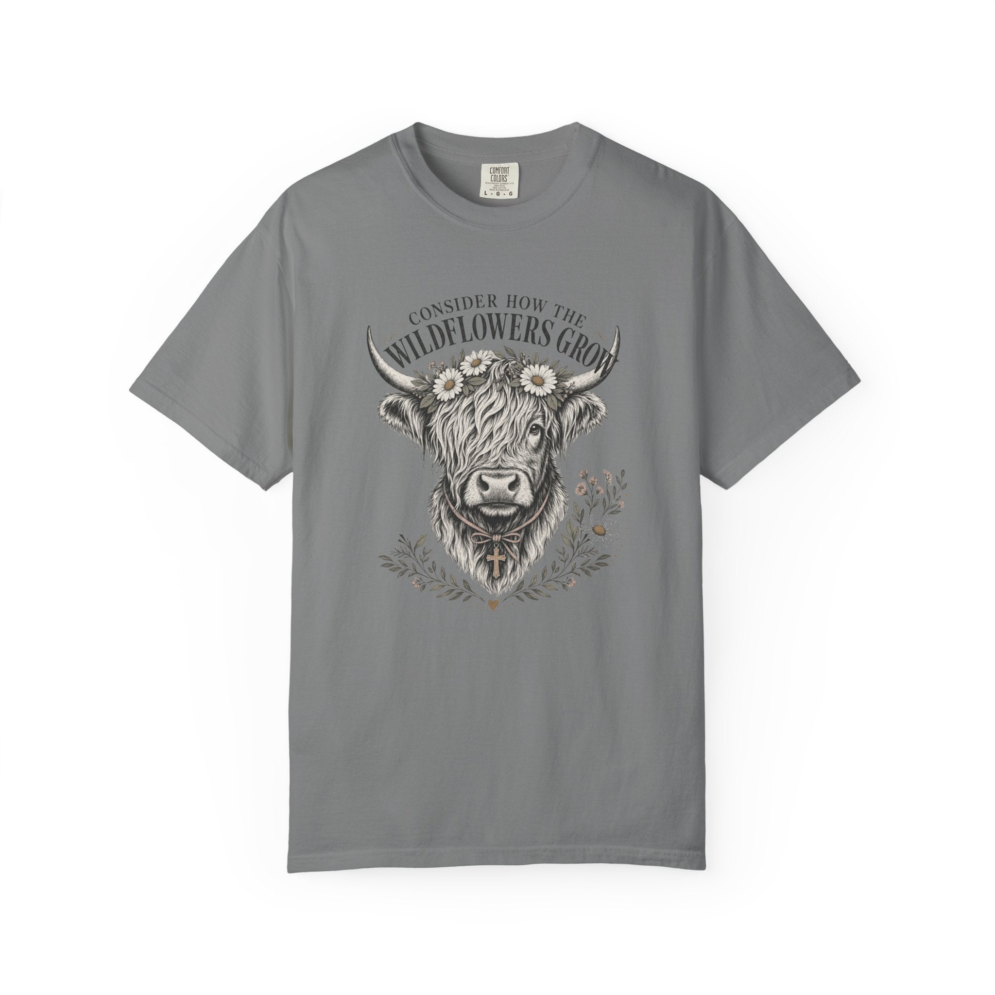 Consider How the Wildflowers Grow Highland Cow Shirt | Christian Farmhouse Graphic Tee