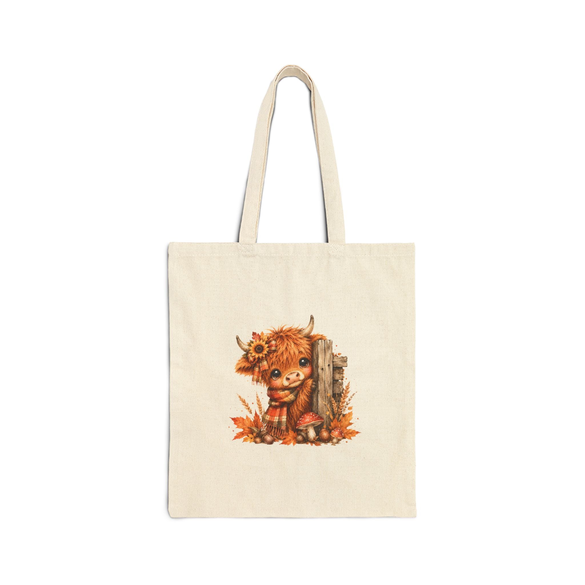 Fall Highland Cow Canvas Tote Bag | Cute Autumn Farmhouse Cow Tote | Western Cow Lover Bag