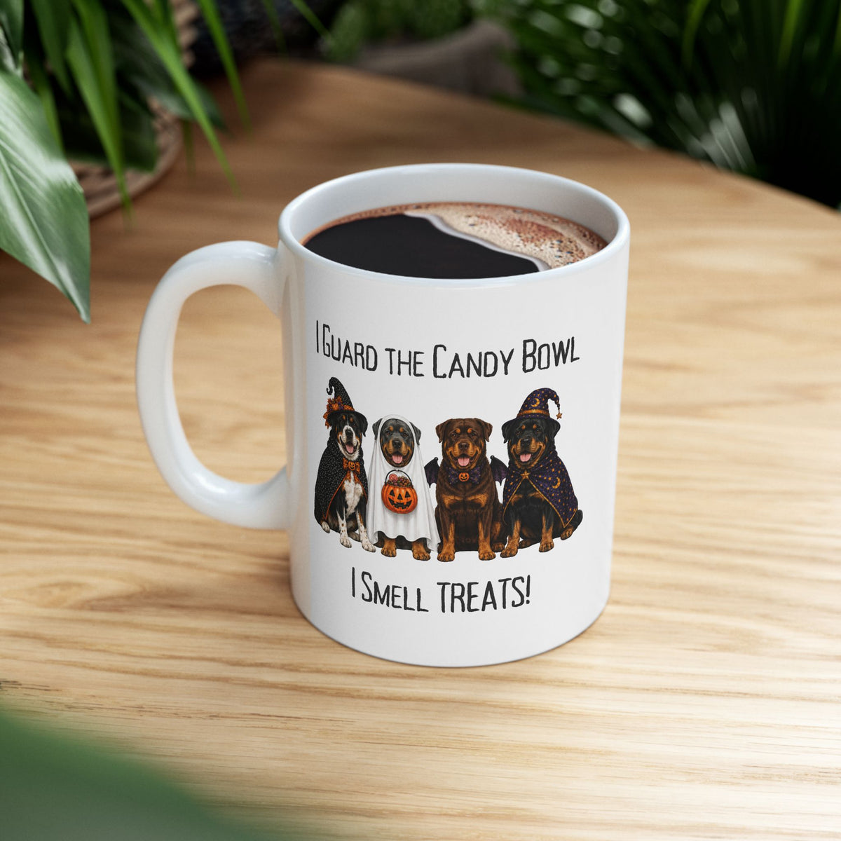 Halloween Dog Mug, I Guard The Candy Bowl Treats Coffee Cup, Rottweiler Lover Gift
