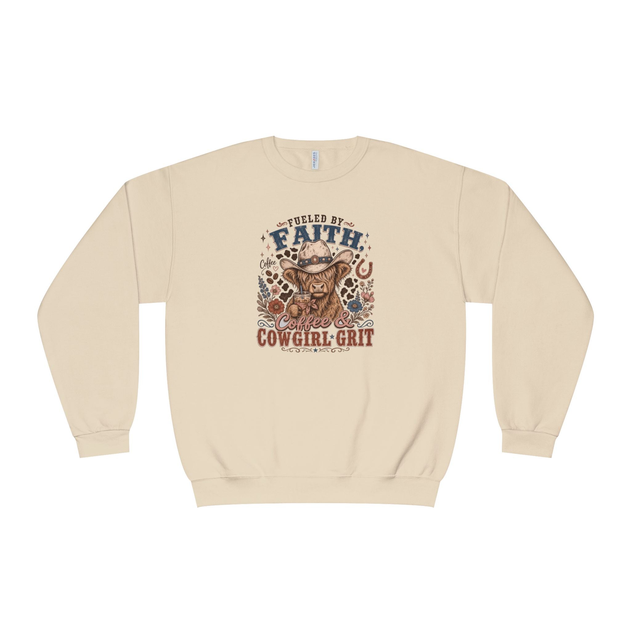Fueled By Faith Coffee Cowgirl Grit Sweatshirt, Highland Cow Western Christian Farmhouse Crewneck