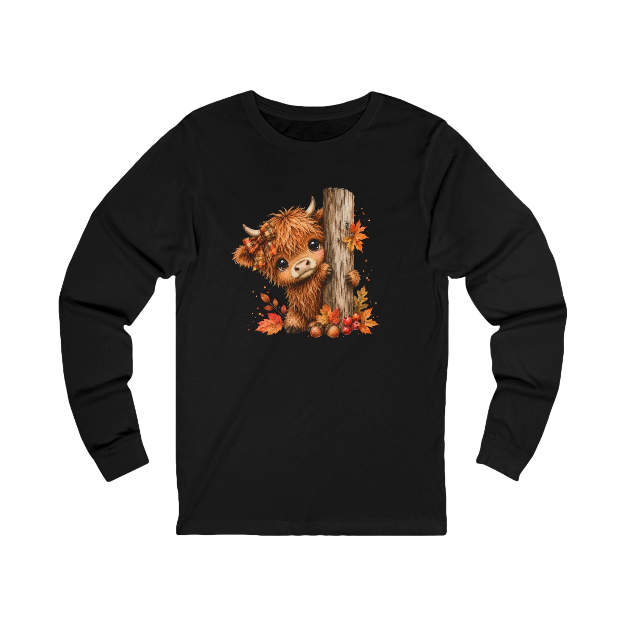 Fall Woodland Whimsical Baby Highland Cow Bella and Canvas Long Sleeve Shirt