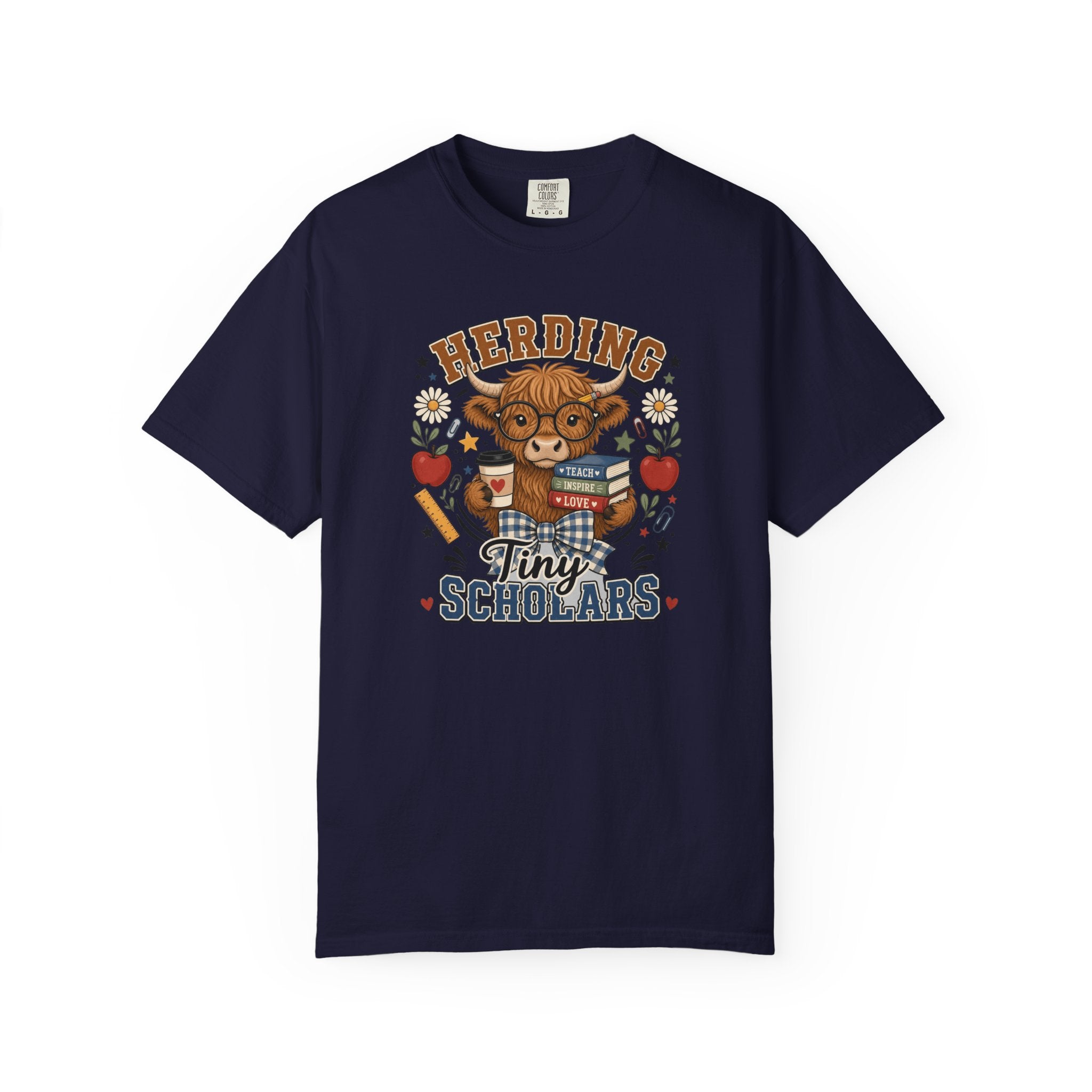 Herding Tiny Scholars Teacher Shirt | Highland Cow Graphic Tee | Back to School Teacher T-Shirt