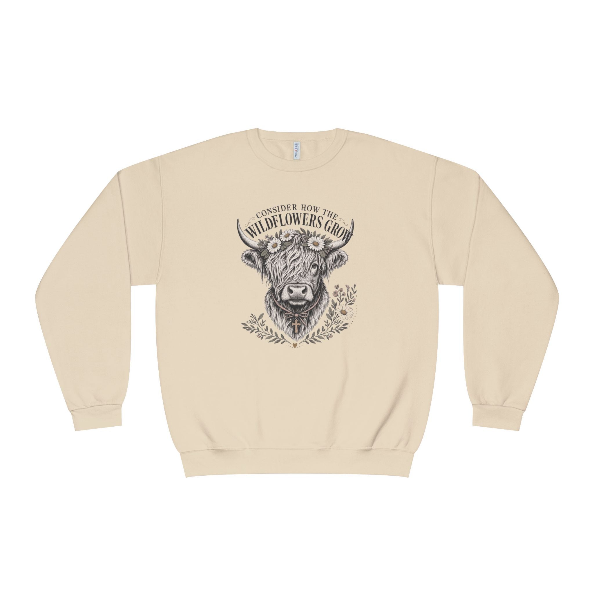 Consider How the Wildflowers Grow Highland Cow Sweatshirt | Christian Farmhouse Graphic Sweatshirt