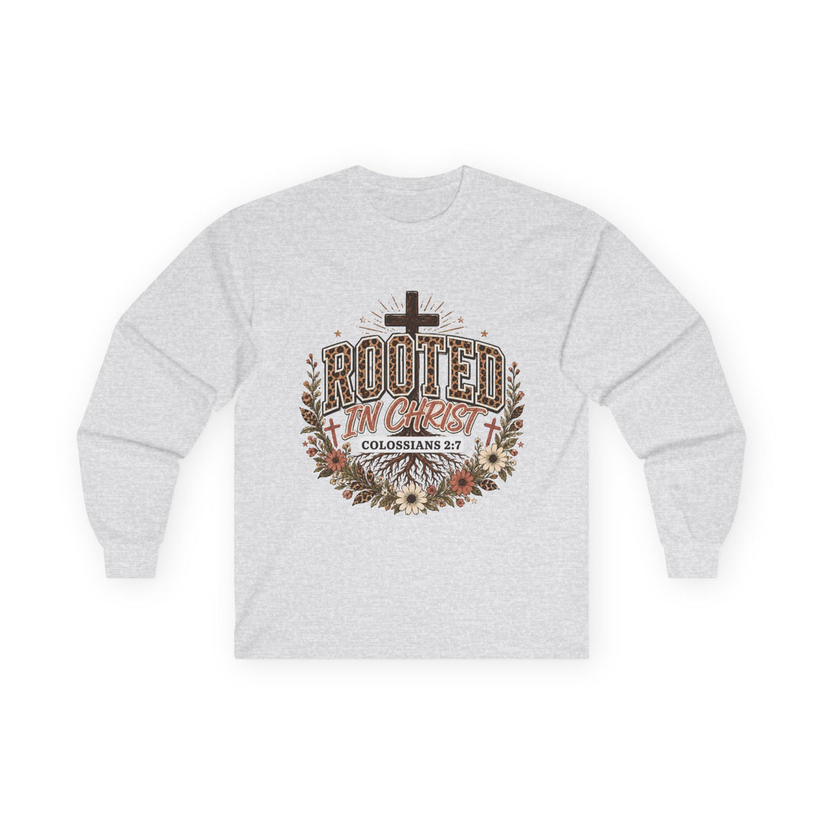 Christian Long Sleeve Shirt, Rooted In Christ Colossians 2:7 Cross Floral Leopard Graphic