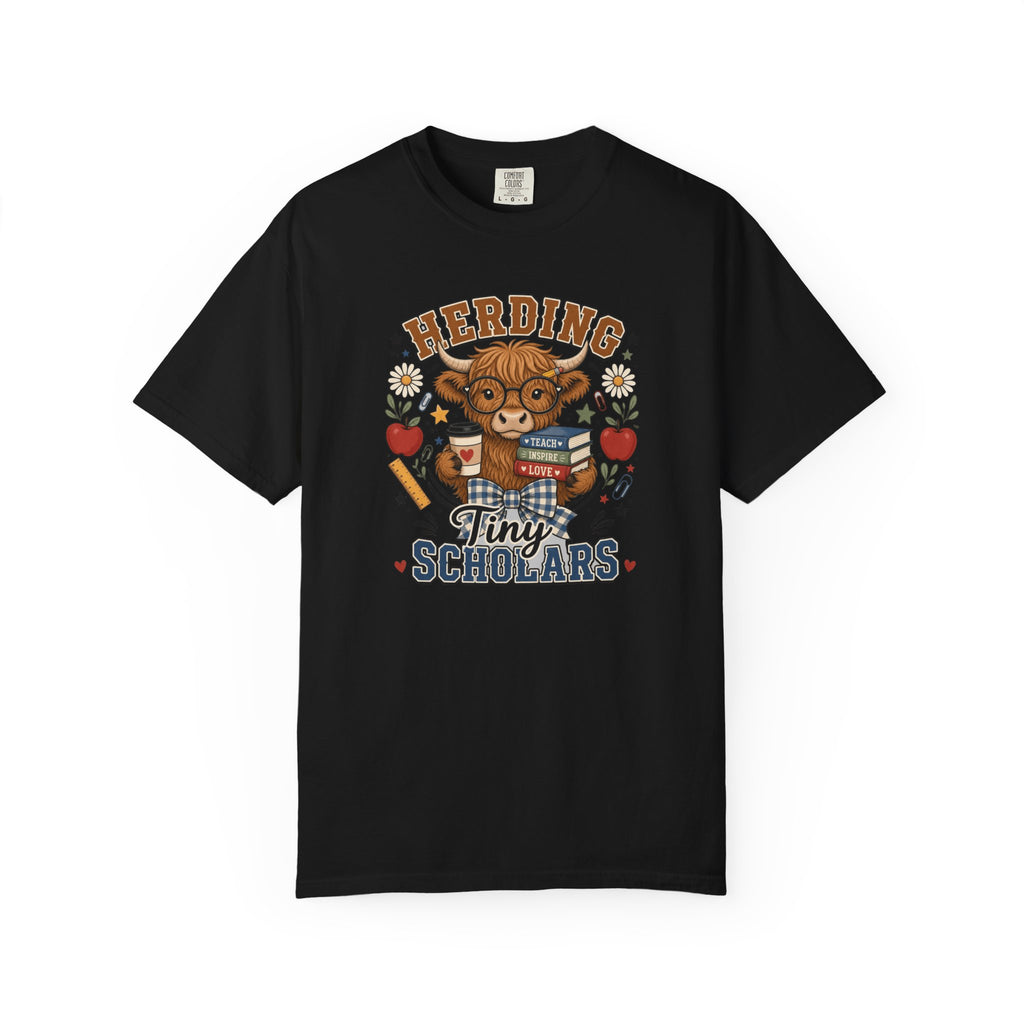 Herding Tiny Scholars Teacher Shirt | Highland Cow Graphic Tee | Back to School Teacher T-Shirt