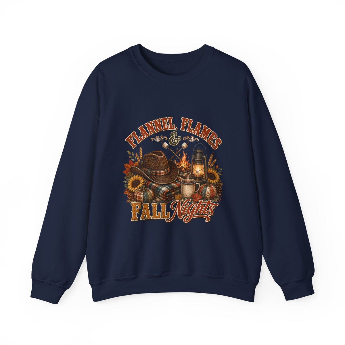 Fall Sweatshirt, Flannel Flames Nights Pullover, Country Bonfire Cowgirl Graphic