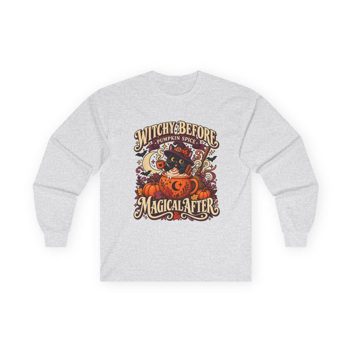 Halloween Long Sleeve, Witchy Pumpkin Spice Pullover, Black Cat Coffee Fall Graphic