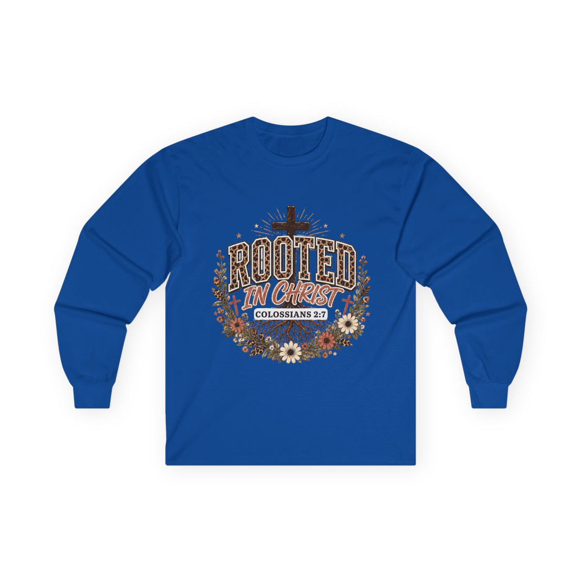 Christian Long Sleeve Shirt, Rooted In Christ Colossians 2:7 Cross Floral Leopard Graphic