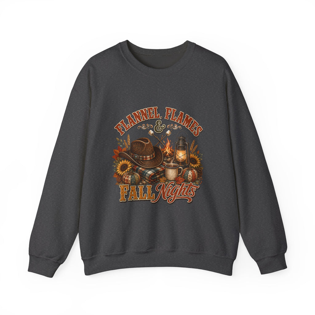 Fall Sweatshirt, Flannel Flames Nights Pullover, Country Bonfire Cowgirl Graphic