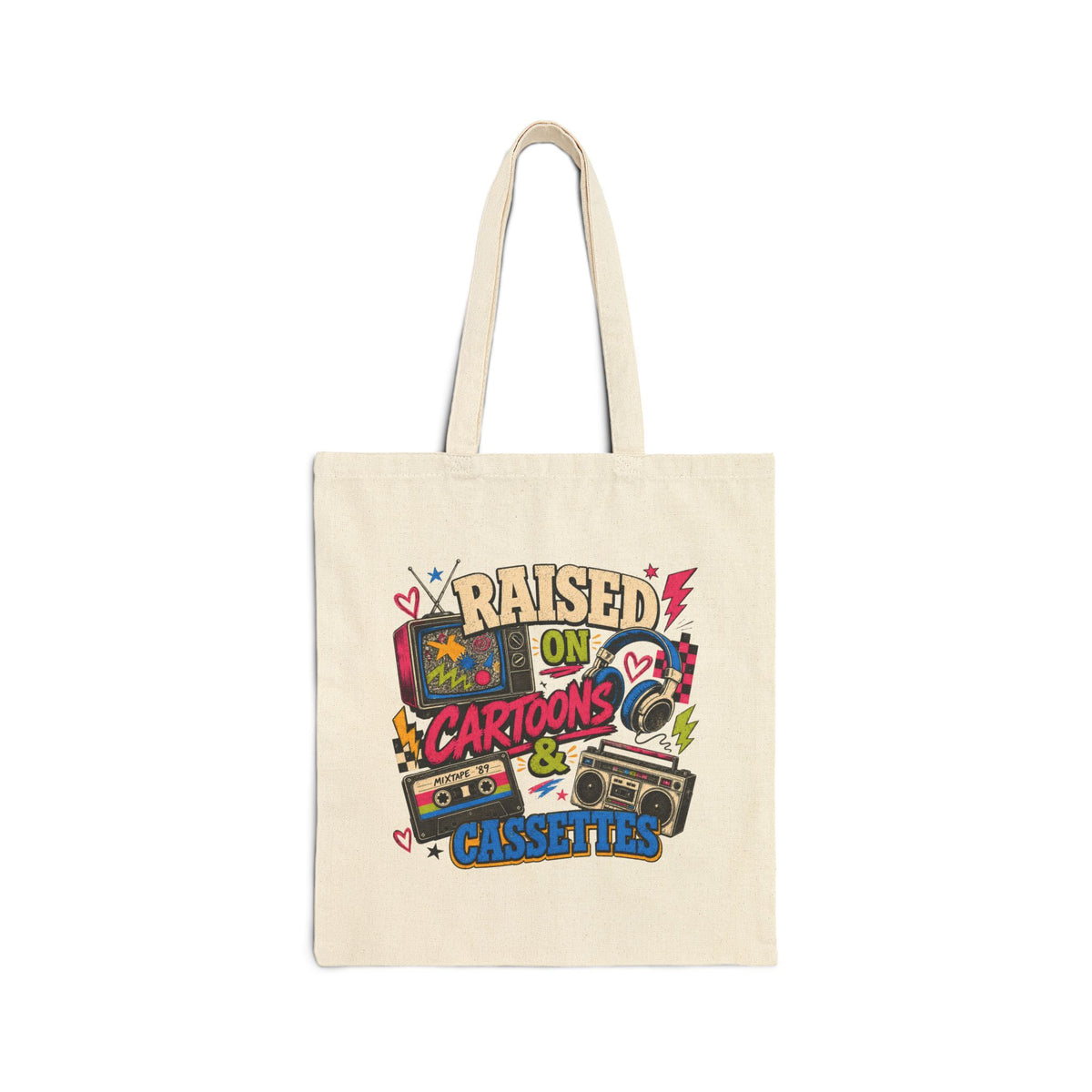 Retro Tote Bag, Raised Cartoons Cassettes, 80s 90s Nostalgia Gift