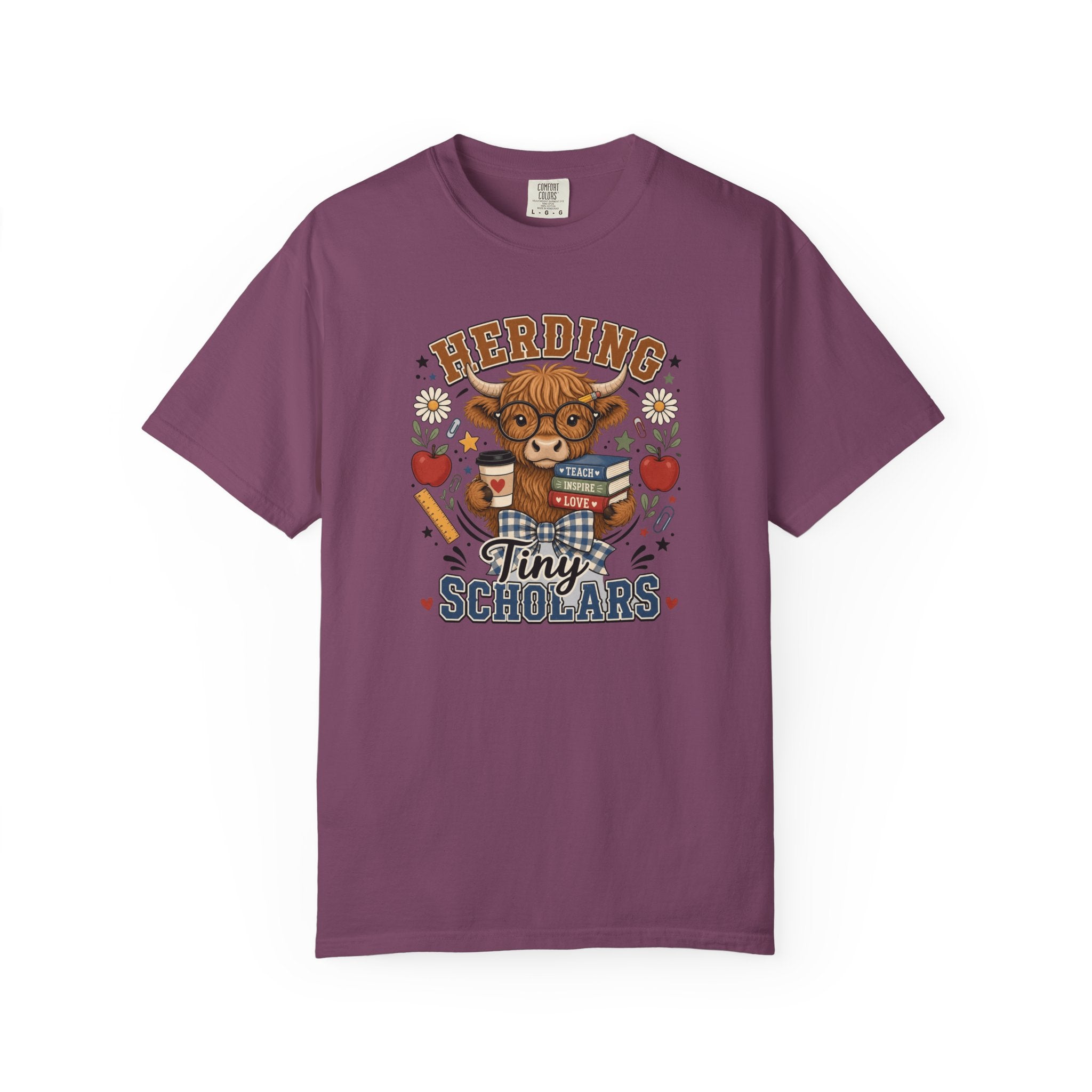 Herding Tiny Scholars Teacher Shirt | Highland Cow Graphic Tee | Back to School Teacher T-Shirt