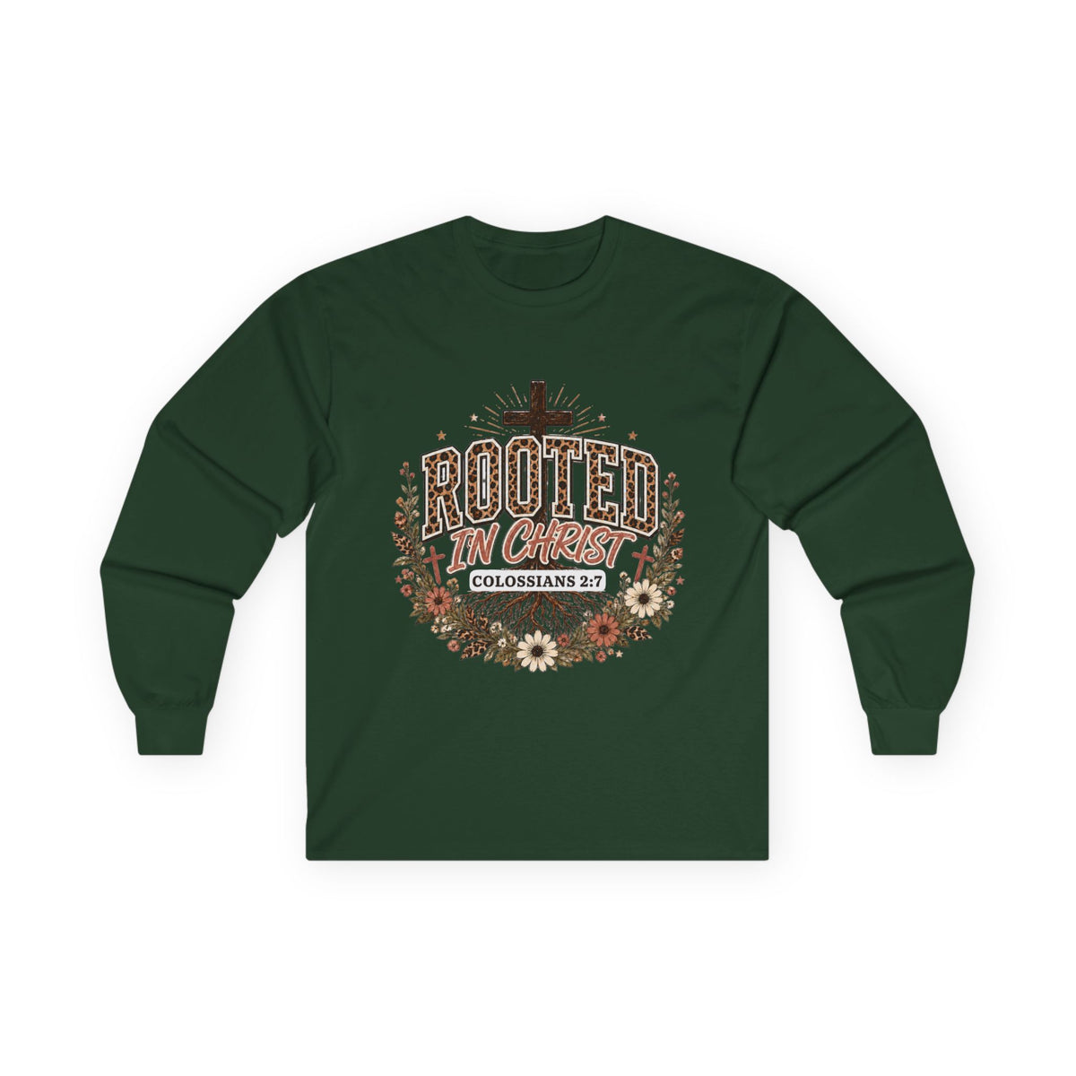 Christian Long Sleeve Shirt, Rooted In Christ Colossians 2:7 Cross Floral Leopard Graphic