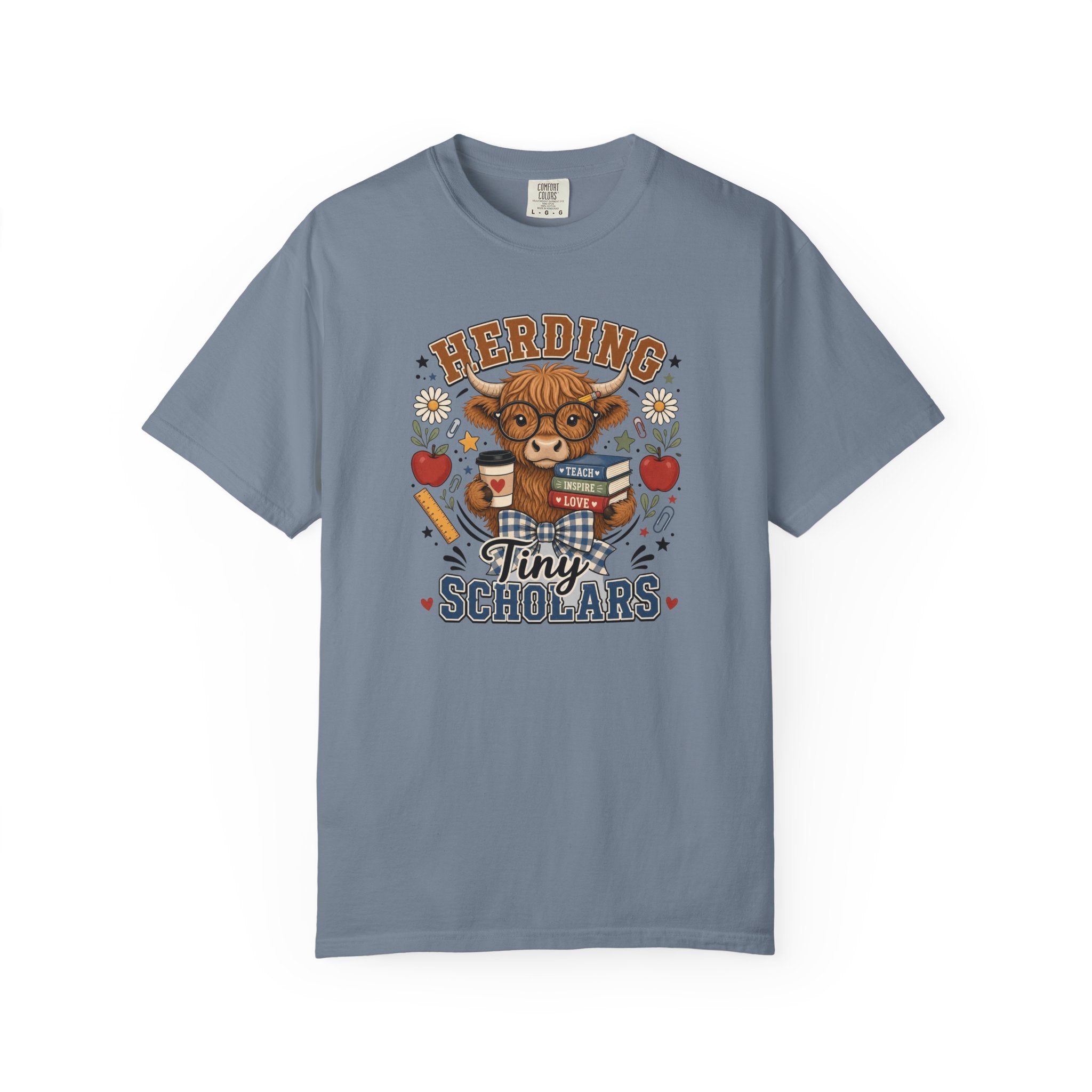Herding Tiny Scholars Teacher Shirt | Highland Cow Graphic Tee | Back to School Teacher T-Shirt