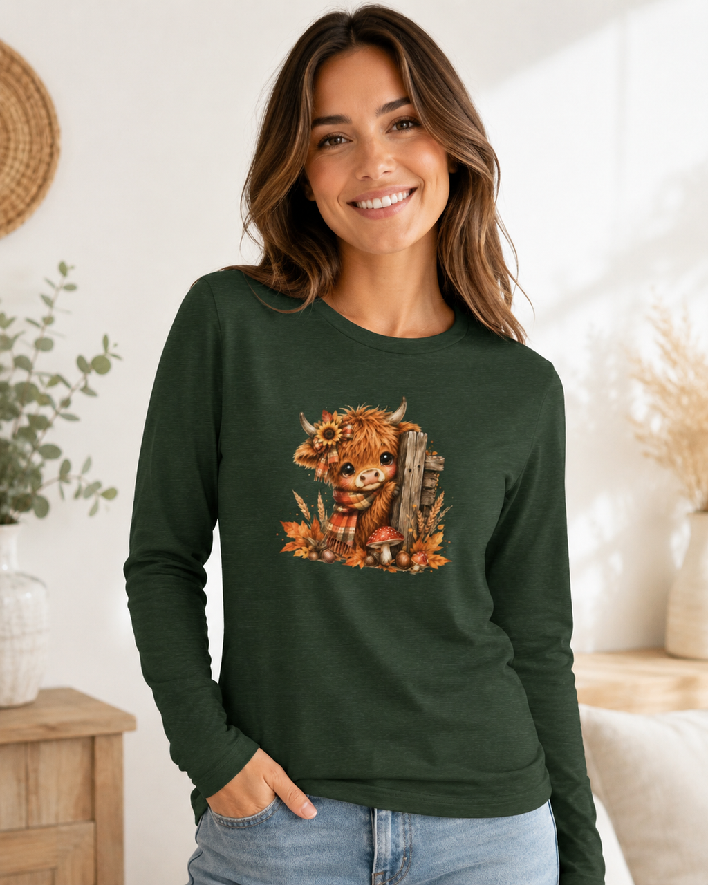 Fall Highland Cow Long Sleeve Shirt | Cute Autumn Cow Graphic Tee | Western Farmhouse Shirt