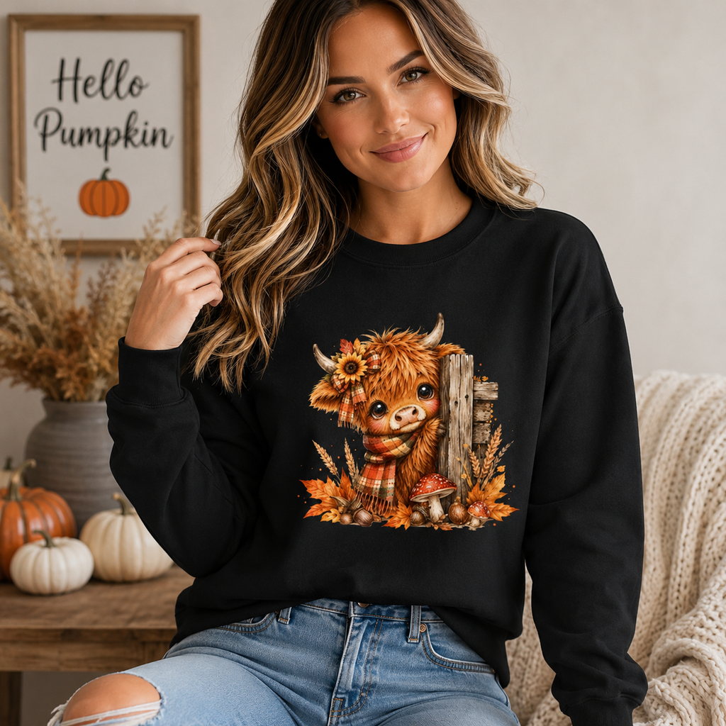 Fall Highland Cow Sweatshirt | Cute Western Farmhouse Crewneck | Autumn Cow Lover Shirt