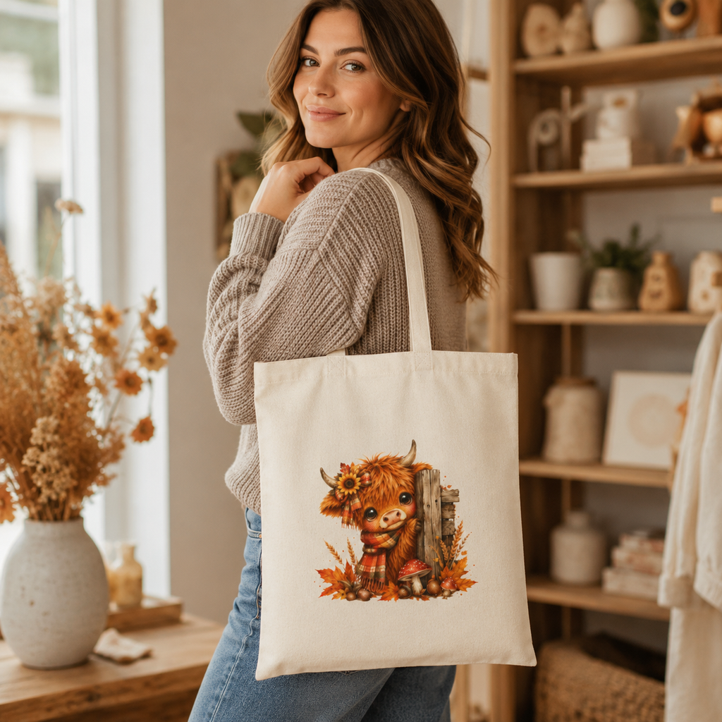 Fall Highland Cow Canvas Tote Bag | Cute Autumn Farmhouse Cow Tote | Western Cow Lover Bag