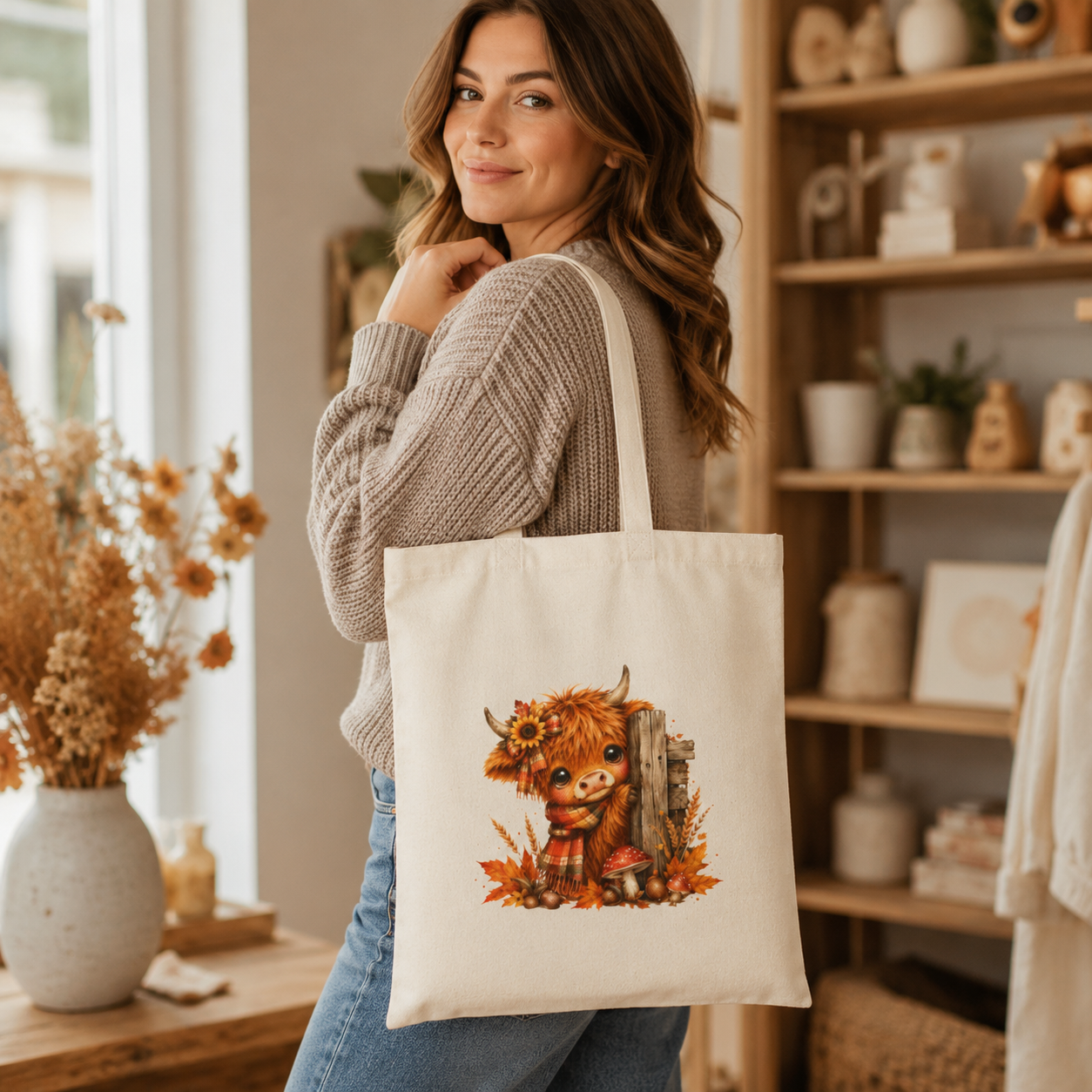 Fall Highland Cow Canvas Tote Bag | Cute Autumn Farmhouse Cow Tote | Western Cow Lover Bag