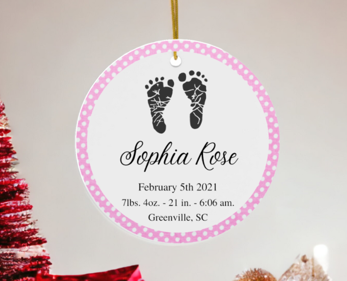 Baby Girl's Feet Birth Record Ceramic Ornament - Daughter's 1st Christmas Ornament