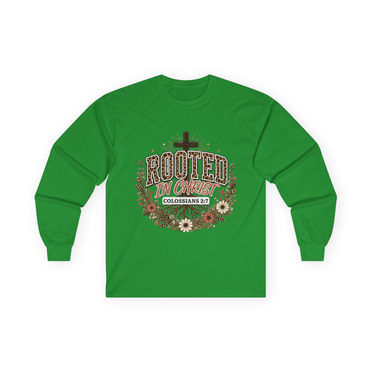 Christian Long Sleeve Shirt, Rooted In Christ Colossians 2:7 Cross Floral Leopard Graphic