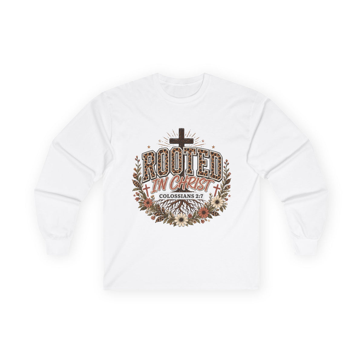 Christian Long Sleeve Shirt, Rooted In Christ Colossians 2:7 Cross Floral Leopard Graphic
