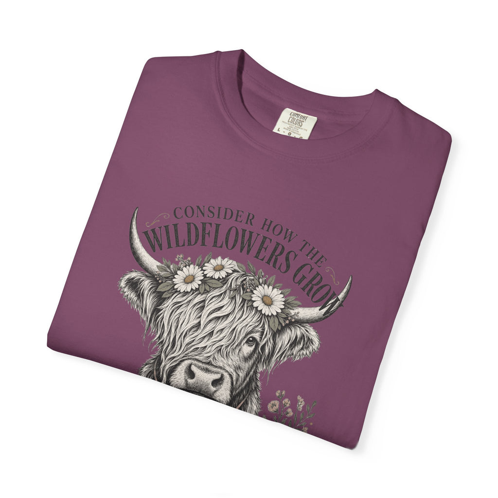 Consider How the Wildflowers Grow Highland Cow Shirt | Christian Farmhouse Graphic Tee