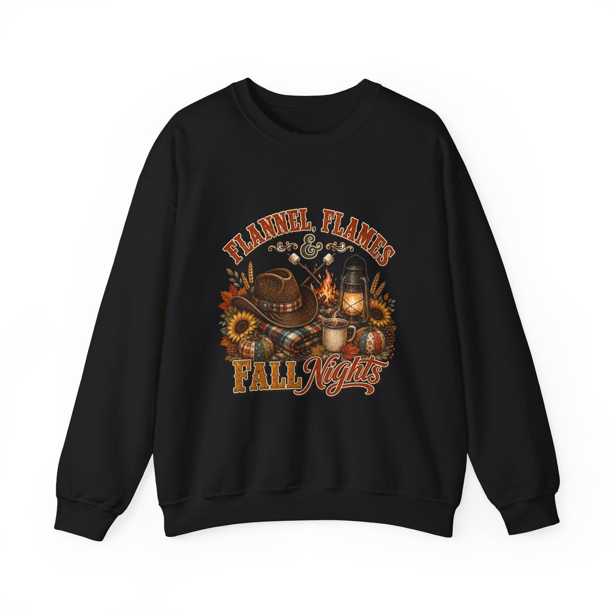 Fall Sweatshirt, Flannel Flames Nights Pullover, Country Bonfire Cowgirl Graphic