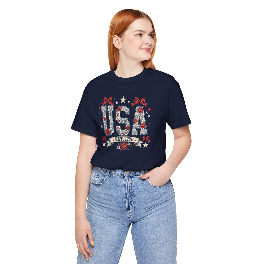 USA Floral Patriotic Shirt, Est 1776 Graphic Tee, Feminine Fourth of July T-Shirt