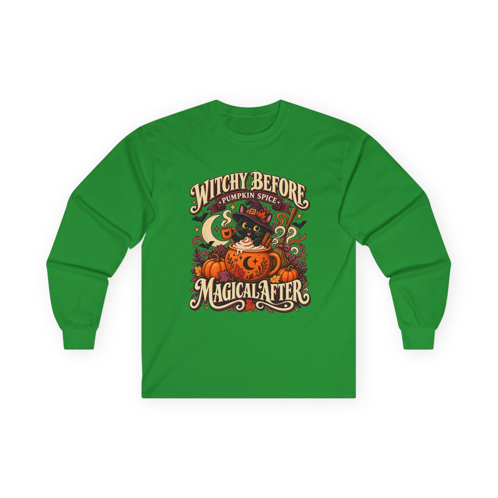 Halloween Long Sleeve, Witchy Pumpkin Spice Pullover, Black Cat Coffee Fall Graphic