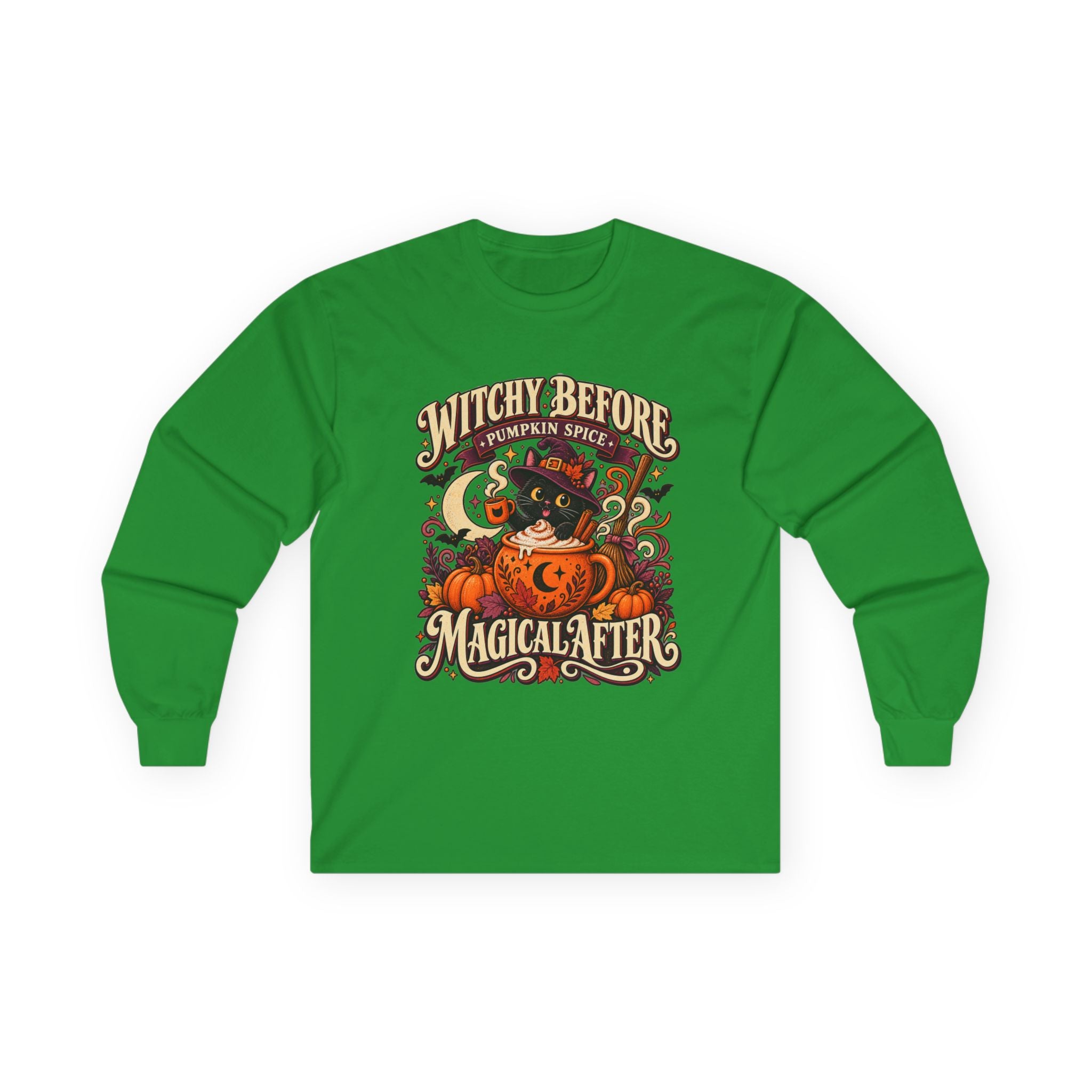 Halloween Long Sleeve, Witchy Pumpkin Spice Pullover, Black Cat Coffee Fall Graphic