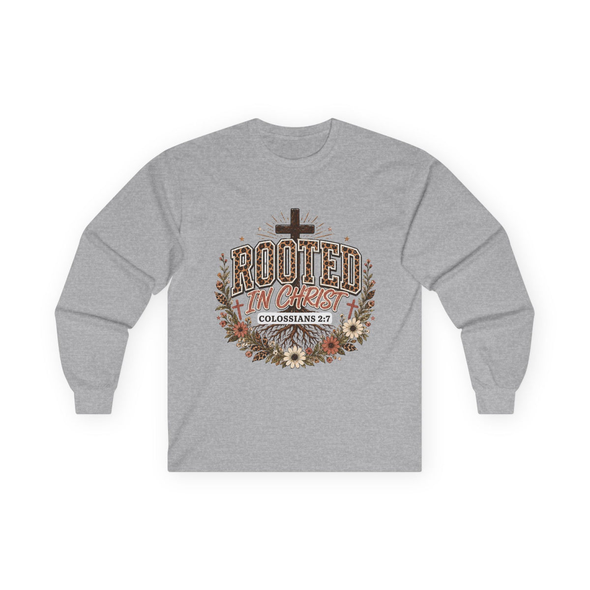 Christian Long Sleeve Shirt, Rooted In Christ Colossians 2:7 Cross Floral Leopard Graphic
