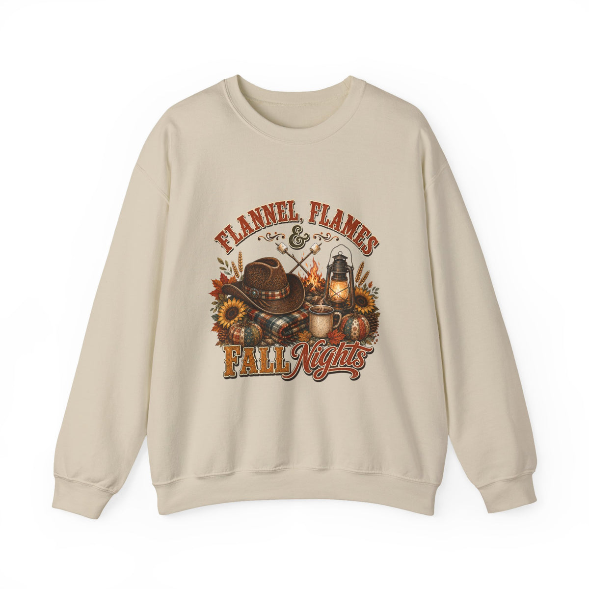 Fall Sweatshirt, Flannel Flames Nights Pullover, Country Bonfire Cowgirl Graphic