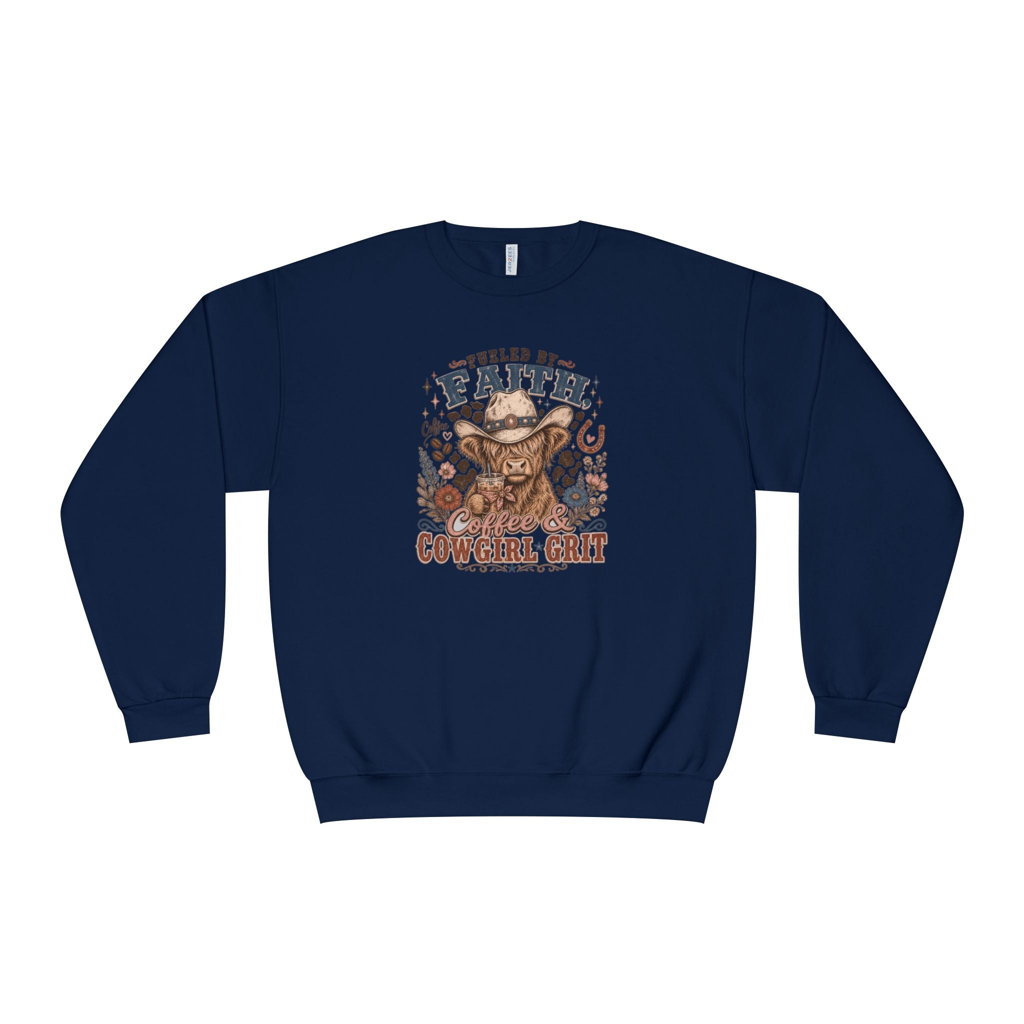 Fueled By Faith Coffee Cowgirl Grit Sweatshirt, Highland Cow Western Christian Farmhouse Crewneck